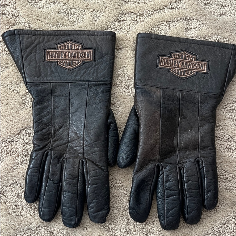 Harley-Davidson Vintage Black Leather Gauntlet Gloves Size Large